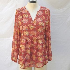 Floral Matilda Jane top, burnt orange, V-neck, sheer long sleeves, S, boho